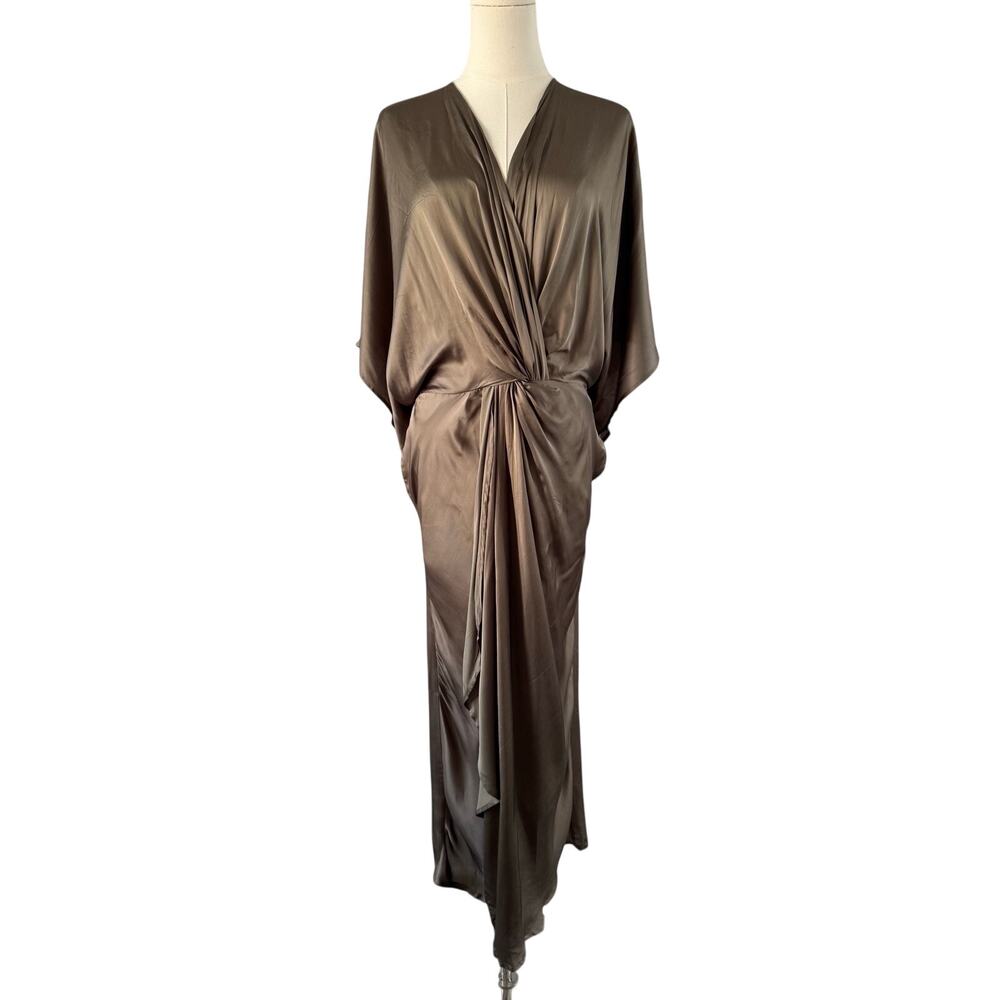 Nicholas K Iris Satin Twist Front Wrap Maxi Dress Moss XS $595 NWT